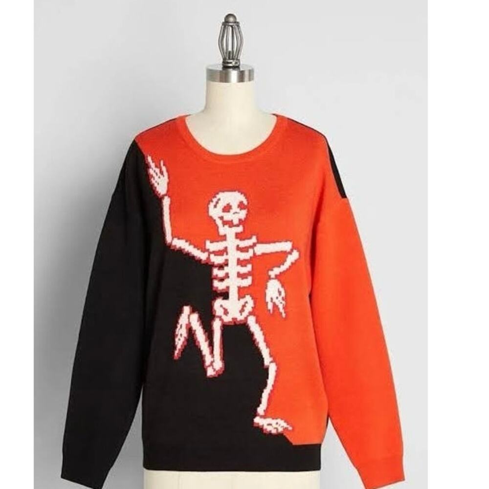ModCloth Halloween Skeleton Sweater 2X Orange Black Dancing Skeleton Spooky